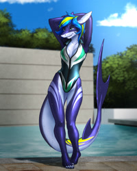 Size: 1717x2146 | Tagged: safe, artist:mykegreywolf, oc, oc only, fish, shark, anthro, digitigrade anthro, 2024, arm above head, armpits, breasts, clothes, commission, detailed background, digital art, ears, eyelashes, female, fins, fish tail, hair, one-piece swimsuit, scales, shark tail, solo, solo female, swimming pool, swimsuit, tail, thighs, wide hips