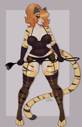 Size: 1546x2384 | Tagged: safe, artist:honeythief, oc, oc only, big cat, feline, mammal, tiger, anthro, digitigrade anthro, 2024, black nose, breasts, clothes, commission, corset, digital art, ears, eyelashes, female, fur, hair, legwear, panties, solo, solo female, stockings, tail, thighs, underwear, whip, wide hips