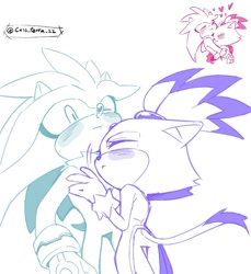 Size: 768x839 | Tagged: safe, artist:cass_terra_22, blaze the cat (sonic), silver the hedgehog (sonic), cat, feline, hedgehog, mammal, sega, sonic the hedgehog (series), 2024, blushing, clothes, duo, duo male and female, eyes closed, female, gloves, heart, hug, male, male/female, one eye closed, shipping, silvaze (sonic), simple background, sketch, tail