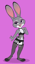 Size: 1912x3455 | Tagged: suggestive, alternate version, artist:siroc, judy hopps (zootopia), lagomorph, mammal, rabbit, anthro, digitigrade anthro, disney, zootopia, 2024, babydoll, babydoll slip, bedroom eyes, belly button, bra, breasts, clothes, digital art, ears, eyelashes, female, fur, garter straps, gray body, gray fur, legwear, lingerie, looking at you, open mouth, panties, pink nose, purple eyes, short tail, simple background, small breasts, solo, solo female, stockings, tail, thighs, tongue, underwear, white body, white fur, wide hips