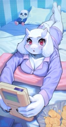 Size: 1061x2048 | Tagged: safe, artist:aruurara, sans (undertale), toriel (undertale), bovid, fictional species, goat, mammal, monster, anthro, game boy, nintendo, undertale, barefoot, bed, big breasts, blushing, breasts, chips, claws, cleavage, digital art, ears, feet, female, food, fur, horns, indoors, looking at you, looking up, looking up at you, lying down, lying on bed, lying on stomach, magenta eyes, mature, mature female, on bed, open mouth, open smile, pajamas, pillow, plushie, prone, smiling, solo, solo female, thick thighs, thighs, toe claws, toes, toy, white body, white fur