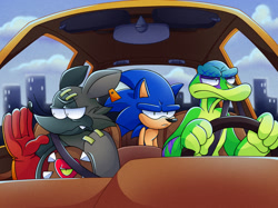 Size: 1280x958 | Tagged: safe, artist:8-bit-britt, sonic the hedgehog (sonic), gecko, hedgehog, lizard, mammal, rat, reptile, rodent, anthro, a goofy movie, disney, sega, sonic the hedgehog (series), 2024, bedroom eyes, black nose, car, comfort character car, crossover, detailed background, digital art, driving, ears, fur, gecko (series), gex the gecko, group, grumpy, hair, mad rat (mad rat dead), mad rat dead, male, meme, murine, scales, tail, thighs, trio, unamused, vehicle