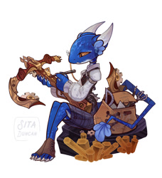 Size: 1200x1318 | Tagged: safe, artist:sitaart, fictional species, kobold, reptile, anthro, 2024, bottomwear, clothes, crossbow, female, horns, shirt, sitting, skirt, solo, solo female, steampunk, tail, topwear, vest, weapon