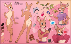 Size: 1200x750 | Tagged: safe, artist:yakovlev-vad, oc, oc only, oc:any (yakovlev-vad), arthropod, butterfly, cervid, deer, insect, mammal, anthro, playstation, playstation 5, sony, 2024, adorasexy, barbie doll anatomy, berry, blueberry, bottomwear, breasts, brown body, brown fur, butt, cell phone, clothes, cloven hooves, collar, controller, crop top, cropped shirt, cute, dewclaw, digital art, ears, featureless breasts, featureless crotch, female, food, fruit, fur, green eyes, hooves, ipod, long sleeves, mp3 player, mushroom, phone, reference sheet, sexy, shirt, shorts, smartphone, solo, solo female, sweater, tail, teddy bear, text, topwear, underboob, ungulate