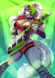 Size: 905x1280 | Tagged: safe, artist:toxi, roxanne wolf (fnaf), canine, mammal, wolf, anthro, five nights at freddy's, five nights at freddy's: security breach, 2024, arm warmers, bottomwear, breasts, choker, cleavage, clothes, ear piercing, earring, female, fishnet clothing, keytar, leg warmers, legwear, looking at you, musical instrument, open mouth, open smile, piercing, short shorts, shorts, shoulder pads, smiling, smiling at you, solo, solo female, spiked choker, spiked wristband, toeless legwear, topwear, wristband