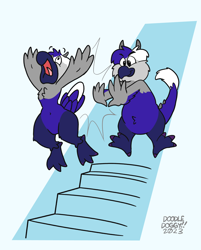 Size: 2200x2739 | Tagged: safe, artist:doodledoggy, bird, hybrid, anthro, 2023, beak, blue body, digital art, duo, gray body, horns, open mouth, stairs, tail, watermark