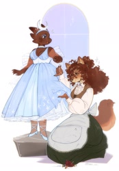 Size: 1423x2048 | Tagged: safe, artist:gee_zz, canine, fictional species, fox, kobold, mammal, reptile, anthro, 2024, apron, bottomwear, clothes, dress, duo, duo female, female, females only, headwear, horns, regalia, sewing, sewing needle, tail, tiara