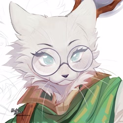 Size: 2917x2917 | Tagged: safe, artist:popstarfrufru, cat, feline, mammal, anthro, 2024, ambiguous gender, black nose, bust, cheek fluff, clothes, fluff, glasses, green clothing, high res, looking at you, neck fluff, portrait, round glasses, simple background, teal eyes, whiskers, white background