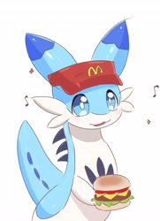 Size: 2968x4096 | Tagged: safe, artist:sarent__, chillet, fictional species, anthro, mcdonald's, palworld, 2024, ambiguous gender, burger, cheese, clothes, dairy products, food, hamburger, hat, headwear, lettuce, meat, tail, tomato, vegetables