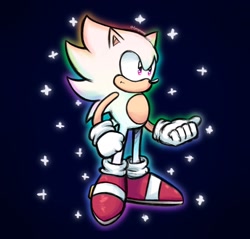 Size: 1420x1356 | Tagged: safe, artist:dynogreeno, sonic the hedgehog (sonic), hedgehog, mammal, anthro, sega, sonic the hedgehog (series), clothes, colored pupils, eulipotyphlan, footwear, gloves, handwear, high res, hyper sonic, male, purple pupils, quills, rainbow, shoes, simple background, socks, solo, stars, white body