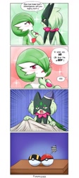 Size: 720x1613 | Tagged: safe, artist:furumi92, fictional species, gardevoir, meowscarada, anthro, nintendo, pokémon, spoiler:pokémon gen 9, spoiler:pokémon scarlet and violet, 2023, ambiguous gender, bedroom eyes, black nose, blanket, clothes, comic, detailed background, dialogue, digital art, dreaming, duo, ears, fur, hair, hat, headwear, looking at you, male, mask, nightmare, open mouth, poké ball, screaming, short tail, speech bubble, starter pokémon, tail, talking, text, thighs, wat