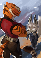 Size: 800x1131 | Tagged: safe, artist:juliathedragoncat, master tigress (kung fu panda), zhen (kung fu panda), big cat, canine, corsac fox, feline, fox, mammal, tiger, anthro, digitigrade anthro, dreamworks animation, kung fu panda, spoiler:kung fu panda 4, 2024, black nose, bottomwear, breasts, butt, clothes, detailed background, digital art, duo, duo female, ears, eyelashes, female, females only, fur, hair, looking at each other, pants, rear view, shirt, tail, thighs, topwear, vixen, wide hips
