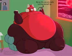 Size: 2173x1696 | Tagged: suggestive, artist:mintsdunicorn, mammal, red panda, anthro, disney, pixar, turning red, fat, female, hyper, morbidly obese, ssbbw, weight gain, wu lee (turning red)