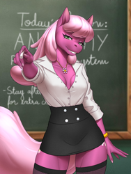 Size: 4500x6000 | Tagged: safe, alternate version, artist:mykegreywolf, cheerilee (mlp), earth pony, equine, fictional species, mammal, pony, anthro, friendship is magic, hasbro, my little pony, 2024, absurd resolution, anthrofied, bottomwear, bracelet, breasts, chalk, chalkboard, cleavage, clothes, fake breasts, female, fishnet, g4, hair, hot for teacher, jewelry, legwear, long nails, looking at you, mane, necklace, pink body, pink hair, pink mane, pink tail, pointing, pointing at you, reasonably sized breasts, see-through, sex education, shirt, skirt, smiling, smiling at you, socks, solo, tail, thigh highs, thighs, topwear, zettai ryouiki
