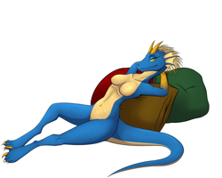 Size: 2500x2000 | Tagged: suggestive, artist:tomek1000, fictional species, kobold, reptile, anthro, 2018, blue body, breasts, claws, cream body, digital art, featureless breasts, featureless crotch, female, green eyes, horns, looking at you, nudity, pillow, scaled breasts, scales, simple background, solo, solo female, tail, white background
