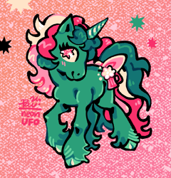Size: 1487x1551 | Tagged: safe, artist:salt-king, fizzy (mlp), equine, fictional species, mammal, pony, unicorn, feral, hasbro, my little pony, my little pony (g1), 2024, bow, female, hair, hooves, horn, mane, mare, signature, smiling, solo, solo female, tail, tail bow, unshorn fetlocks
