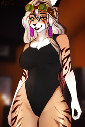 Size: 1569x2348 | Tagged: suggestive, artist:alenkavoxis, oc, oc only, cat, feline, mammal, anthro, 2024, breasts, cameltoe, clothes, digital art, ears, eyelashes, female, fur, gift art, goggles, goggles on head, hair, nipple outline, one-piece swimsuit, pose, solo, solo female, swimsuit, tail, thighs, wide hips