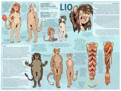 Size: 1280x960 | Tagged: safe, artist:rick griffin, big cat, feline, fictional species, lio, mammal, anthro, digitigrade anthro, hayven celestia, 2018, 2d, black hair, blonde hair, braid, breasts, brown body, brown fur, brown hair, complete nudity, digital art, ears, featureless breasts, featureless crotch, female, fur, group, hair, male, nudity, open mouth, paws, red hair, reference sheet, silver hair, standing, tail, tail tuft, tan body, tan fur, text