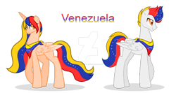 Size: 1280x683 | Tagged: safe, artist:elizaro622044, oc, oc only, alicorn, equine, fictional species, mammal, pegasus, pony, hasbro, my little pony, deviantart watermark, duo, female, male, nation ponies, obtrusive watermark, ponified, simple background, solo, transparent background, venezuela, watermark
