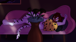 Size: 3840x2160 | Tagged: suggestive, artist:tunrae, oc, oc only, oc:tun rae, big cat, feline, mammal, tiger, anthro, digitigrade anthro, convenient censorship, couch, digital art, female, fur, hair, heart nose, looking at you, lying down, multiple tongues, red eyes, red hair, roses, solo, solo female, tongue, two tongues, vase, white body, white fur, white tiger