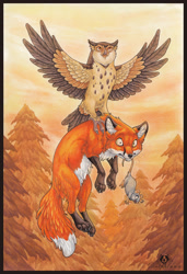 Size: 683x1000 | Tagged: safe, artist:dolphiana, bird, bird of prey, canine, fox, mammal, mouse, owl, red fox, rodent, feral, 2015, 2d, ambiguous gender, ambiguous only, beak, belly fluff, black border, border, brown body, brown feathers, brown fur, butt fluff, carrying, casual nudity, cheek fluff, chest fluff, claws, complete nudity, conifer tree, countershading, cute, detailed background, dipstick tail, ear fluff, feathered wings, feathers, featured image, fluff, flying, food chain, forest, fur, gray body, gray fur, group, holding, leg fluff, looking up, mouth hold, multicolored body, multicolored feathers, multicolored fur, neck fluff, nudity, orange body, orange eyes, orange fur, outdoors, paws, plant, scared, signature, size difference, sky, socks (leg marking), spots, spotted body, spread wings, surprised, tail, tail fluff, talons, tan feathers, traditional art, tree, trio, trio ambiguous, whiskers, white belly, white body, white fur, white tail tip, wings