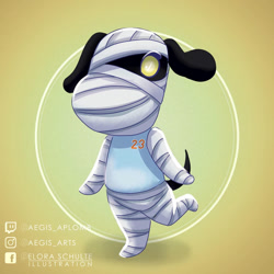 Size: 894x894 | Tagged: safe, artist:aegisaplomb, lucky (animal crossing), canine, dog, mammal, semi-anthro, animal crossing, nintendo, 2d, bandage, clothes, male, raised leg, signature, solo, solo male, tank top, topwear