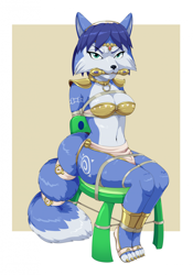 Size: 1608x2291 | Tagged: suggestive, artist:the-chaos-creatures, krystal (star fox), canine, fox, mammal, anthro, plantigrade anthro, nintendo, star fox, 2024, bandeau, belly button, blue body, blue fur, blue hair, body markings, border, chair, circlet, clothes, collar, dipstick tail, eyebrows, eyelashes, feet, female, fur, gagged, green eyes, hair, hairband, loincloth, looking at you, rope, sandals, shoes, shoulder guards, sitting, solo, solo female, tail, tail band, tied legs, tied up, vixen, white body, white border, white fur