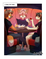 Size: 765x990 | Tagged: safe, artist:roanoak, oc, oc only, oc x oc, oc:avery (roanoak), oc:ben (roanoak), oc:sandra (roanoak), bobcat, canine, feline, fox, lynx, mammal, red fox, wolf, anthro, comic:table for three, 2014, 2d, alcohol, bisexual, border, bottomwear, breasts, clothes, comic, dialogue, drink, english text, female, glass, group, holding, holding object, male, male/female, male/male, married couple, pants, restaurant, shipping, shirt, sitting, smiling, t-shirt, table, talking, text, topwear, trio, white border, wine, wine glass