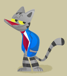 Size: 711x800 | Tagged: safe, artist:xazad, fritz the cat (fritz the cat), cat, feline, mammal, anthro, plantigrade anthro, fritz the cat, clothes, eyebrows, fur, gray body, gray fur, hands in pockets, jacket, lidded eyes, looking sideways, male, necktie, raised eyebrow, shirt, smirk, solo, solo male, striped fur, tan background, topwear