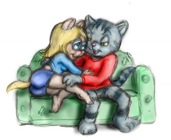 Size: 1280x1048 | Tagged: safe, artist:mousetache, fritz the cat (fritz the cat), cat, feline, mammal, anthro, plantigrade anthro, fritz the cat, anthro/anthro, blonde hair, blushing, bottomwear, butt, charlene (fritz the cat), clothes, colored sclera, couch, duo, duo male and female, female, fur, glasses, gray body, gray fur, hair, lidded eyes, male, male/female, open mouth, open smile, round glasses, shipping, shirt only, shorts, sitting, smiling, snuggling, striped fur, tail, tan body, tan fur, yellow sclera