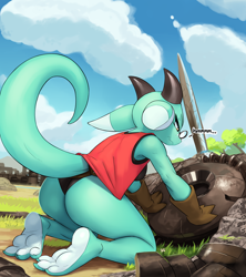 Size: 888x999 | Tagged: safe, artist:ozoneserpent, oc, oc only, fictional species, kobold, reptile, anthro, digitigrade anthro, 2024, bedroom eyes, breasts, butt, clothes, commission, detailed background, digital art, ears, eyelashes, female, glasses, gloves, horns, jacket, kneeling, leotard, rear view, round glasses, scales, sideboob, solo, solo female, tail, thighs, topwear, wide hips