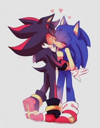 Size: 1205x1543 | Tagged: safe, artist:spacecolonie, shadow the hedgehog (sonic), sonic the hedgehog (sonic), hedgehog, mammal, anthro, sega, sonic the hedgehog (series), 2018, anthro/anthro, blushing, commission, cute, duo, duo male, eyes closed, heart, kiss on the cheek, kissing, male, male/male, males only, shipping, simple background, smiling, sonadow (sonic), standing, white background