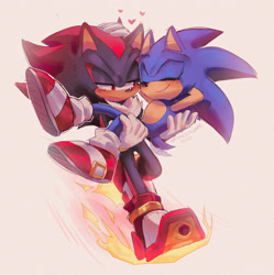 Size: 1675x1684 | Tagged: safe, artist:spacecolonie, shadow the hedgehog (sonic), sonic the hedgehog (sonic), hedgehog, mammal, anthro, sega, sonic the hedgehog (series), anthro/anthro, arms behind head, blushing, carrying another, cute, duo, duo male, eyes closed, heart, looking at someone, male, male/male, males only, redraw, shipping, simple background, skating, smiling, sonadow (sonic), white background