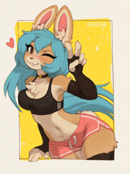 Size: 1659x2221 | Tagged: safe, alternate version, artist:waspsalad, oc, oc only, oc:slushie (waspsalad), lagomorph, mammal, rabbit, anthro, 2024, belly button, border, bottomwear, chest fluff, cleavage fluff, clothes, crop top, female, fluff, gesture, hair, long hair, one eye closed, peace sign, shorts, solo, solo female, sports bra, sports shorts, tail, thick thighs, thighs, topwear, white border, wide hips