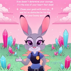 Size: 1500x1500 | Tagged: safe, artist:faelingmagic, judy hopps (zootopia), lagomorph, mammal, rabbit, anthro, disney, zootopia, 2024, 2d, clothes, cloud, comic sans, crystal, cute, detailed background, english text, female, grass, gray body, happy, motivational, outdoors, pink sky, police uniform, purple eyes, solo, solo female, sparkles, text