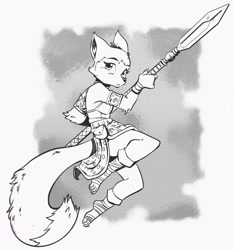 Size: 1024x1093 | Tagged: safe, artist:jamilsart, krystal (star fox), canine, fox, mammal, anthro, nintendo, star fox, 2024, breasts, claws, feet, female, grayscale, monochrome, solo, spear, thick thighs, thighs, toe claws, toes, vixen, weapon