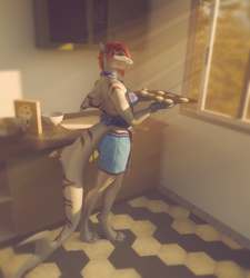 Size: 1080x1200 | Tagged: safe, artist:kirena-kaya, fish, shark, anthro, 2024, apron, bottomwear, brown body, clothes, cooking, digital art, female, fins, fish tail, hair, indoors, kitchen, paws, red hair, shark tail, shorts, solo, solo female, tail, tail fin