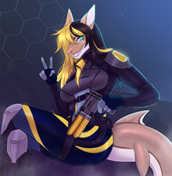 Size: 1000x1026 | Tagged: safe, artist:kitsunewaffles, oc, oc only, fish, shark, anthro, 2024, breasts, clothes, commission, detailed background, digital art, ears, eyelashes, female, fins, fish tail, gun, hair, handgun, scales, shark tail, solo, solo female, suit, tail, thighs, weapon, wide hips