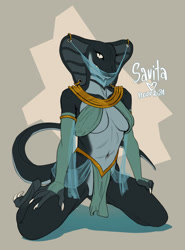 Size: 1653x2229 | Tagged: safe, artist:plgdd, oc, oc only, cobra, reptile, snake, anthro, digitigrade anthro, 2024, bikini, bikini top, breasts, clothes, digital art, ears, eyelashes, female, gift art, kneeling, loincloth, scales, simple background, solo, solo female, swimsuit, tail, thighs, wide hips