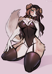 Size: 912x1300 | Tagged: safe, artist:zetsuboucchi, oc, oc only, canine, dog, mammal, anthro, 2024, breasts, clothes, commission, digital art, ears, eyelashes, female, fur, hair, kneeling, legwear, leotard, simple background, solo, solo female, stockings, tail, thighs, wide hips, ych result