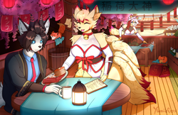 Size: 2386x1544 | Tagged: safe, artist:yumiiefox, oc, oc only, canine, fictional species, fox, kitsune, mammal, anthro, 2024, bottomwear, breasts, clothes, commission, detailed background, digital art, dress, duo, duo male and female, ears, eyelashes, female, fur, hair, japanese, male, multiple tails, necktie, nine tails, sitting, table, tail, thighs, vixen, wide hips
