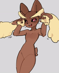 Size: 2338x2859 | Tagged: safe, artist:azuu, fictional species, lopunny, mammal, anthro, nintendo, pokémon, 2022, black sclera, breasts, colored sclera, digital art, ears, eyelashes, featureless breasts, featureless crotch, female, fur, hair, looking at you, pink nose, simple background, solo, solo female, tail, thighs, wide hips