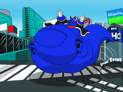 Size: 2560x1920 | Tagged: suggestive, artist:grinnym, oc, oc only, kangaroo, mammal, marsupial, anthro, blue body, bouncing, city, fat, japan, japanese text, macropod, male, obese, overweight, shibuya, solo, text, tokyo