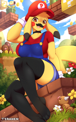 Size: 900x1434 | Tagged: safe, artist:teranen, mario (mario), animate plant, bellsprout, dugtrio, fictional species, mammal, pikachu, weedle, anthro, mario (series), nintendo, pokémon, 2024, big breasts, breasts, brown eyes, choker, clothes, cosplay, fake moustache, feet, female, fur, generation 1 pokemon, gloves, hat, headwear, legwear, looking at you, open mouth, open smile, sitting, smiling, solo, solo female, thigh highs, yellow body, yellow fur