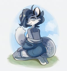 Size: 1950x2048 | Tagged: safe, artist:okaliz, big cat, feline, mammal, snow leopard, anthro, 2024, bottomwear, breasts, clothes, female, hoodie, knee-high socks, kneeling, lidded eyes, looking at you, looking back, looking back at you, outdoors, rear view, signature, skirt, smiling, smiling at you, solo, solo female, tank top, topwear