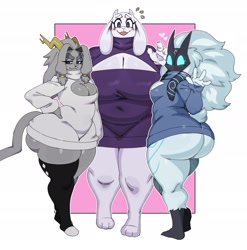 Size: 2460x2488 | Tagged: suggestive, artist:ss2sonic, kindred (league of legends), sybil (pseudoregalia), toriel (undertale), bovid, caprine, fictional species, goat, jackalope, lagomorph, lamb, mammal, sheep, anthro, league of legends, pseudoregalia, undertale, 2024, antlers, bedroom eyes, big breasts, blushing, body markings, bottomless, breasts, butt, cleavage, cleavage window, clothes, female, females only, hand on hip, heart, horns, legwear, looking at you, looking back, looking back at you, mask, mature, mature female, nudity, partial nudity, slightly chubby, smiling, smiling at you, sweater, thick thighs, thigh highs, thighs, topwear, trio, trio female, waving