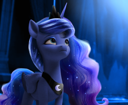 Size: 1945x1604 | Tagged: safe, artist:nightstellarswirls, princess luna (mlp), alicorn, equine, fictional species, mammal, pony, feral, friendship is magic, hasbro, my little pony, my little pony g5, spoiler:my little pony g5, 2023, 3d, blurred background, chestplate, crown, diadem, digital art, ethereal mane, ethereal tail, female, g4, g4 to g5, generation leap, hair, headwear, horn, jewelry, looking up, mane, mare, peytral, regalia, solo, solo female, tail, tiara