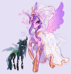 Size: 2450x2533 | Tagged: safe, artist:peachmichea, princess cadence (mlp), queen chrysalis (mlp), alicorn, arthropod, changeling, changeling queen, equine, fictional species, mammal, pony, feral, friendship is magic, hasbro, my little pony, 2024, alternate hairstyle, bags under eyes, bottomwear, bracelet, cadalis (mlp), clothes, dress, duo, duo female, eyeshadow, female, female/female, females only, g4, hair, headwear, heart, height difference, high res, hoof shoes, hooves, horn, horn ring, infidelity, jewelry, lidded eyes, love heart, makeup, mare, meme, peytral, princess shoes, raised hoof, redraw, regalia, ring, shipping, signature, simple background, size difference, smiling, spread wings, subverted meme, tail, the bride and the ugly ass groom, tiara, toy interpretation, wedding dress, wedding veil, wings