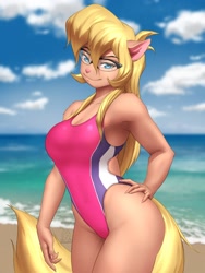 Size: 1536x2048 | Tagged: safe, artist:mykegreywolf, callie brigs (swat kats), feline, mammal, anthro, humanoid, hanna-barbera, swat kats, 2024, beach, blonde hair, blonde tail, blue eyes, clothes, female, fluff, glasses, hair, ocean, solo, solo female, swimsuit, tail, tail fluff, water