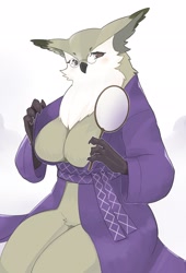 Size: 1391x2048 | Tagged: safe, artist:braveaustin, ramona (unicorn overlord), bird, bird of prey, owl, anthro, unicorn overlord, 2024, blushing, breasts, featureless breasts, featureless crotch, female, glasses, kimono (clothing), looking at you, nudity, round glasses, simple background, solo, solo female